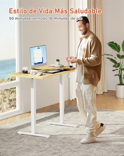  **Escritorio Elevable Regulable de Altura para Oficina y Casa, Color Roble, Aglomerado Resistente a los Arañazos y la S