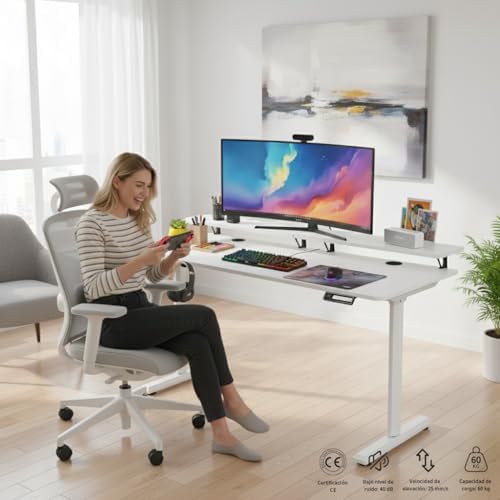 SOSINYA Mesa Escritorio Elevable para Teletrabajo, Altura Regulable 72–117 cm, Soporte para Monitor Desmontable, Capacid