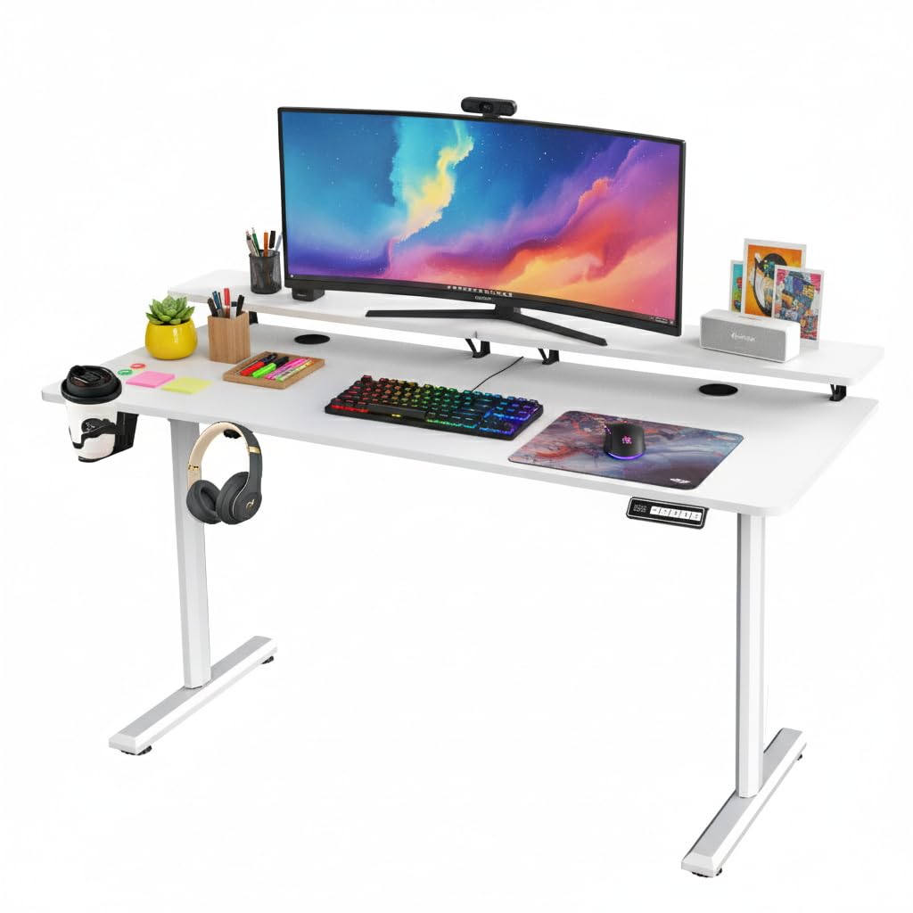 SOSINYA Mesa Escritorio Elevable para Teletrabajo, Altura Regulable 72–117 cm, Soporte para Monitor Desmontable, Capacid